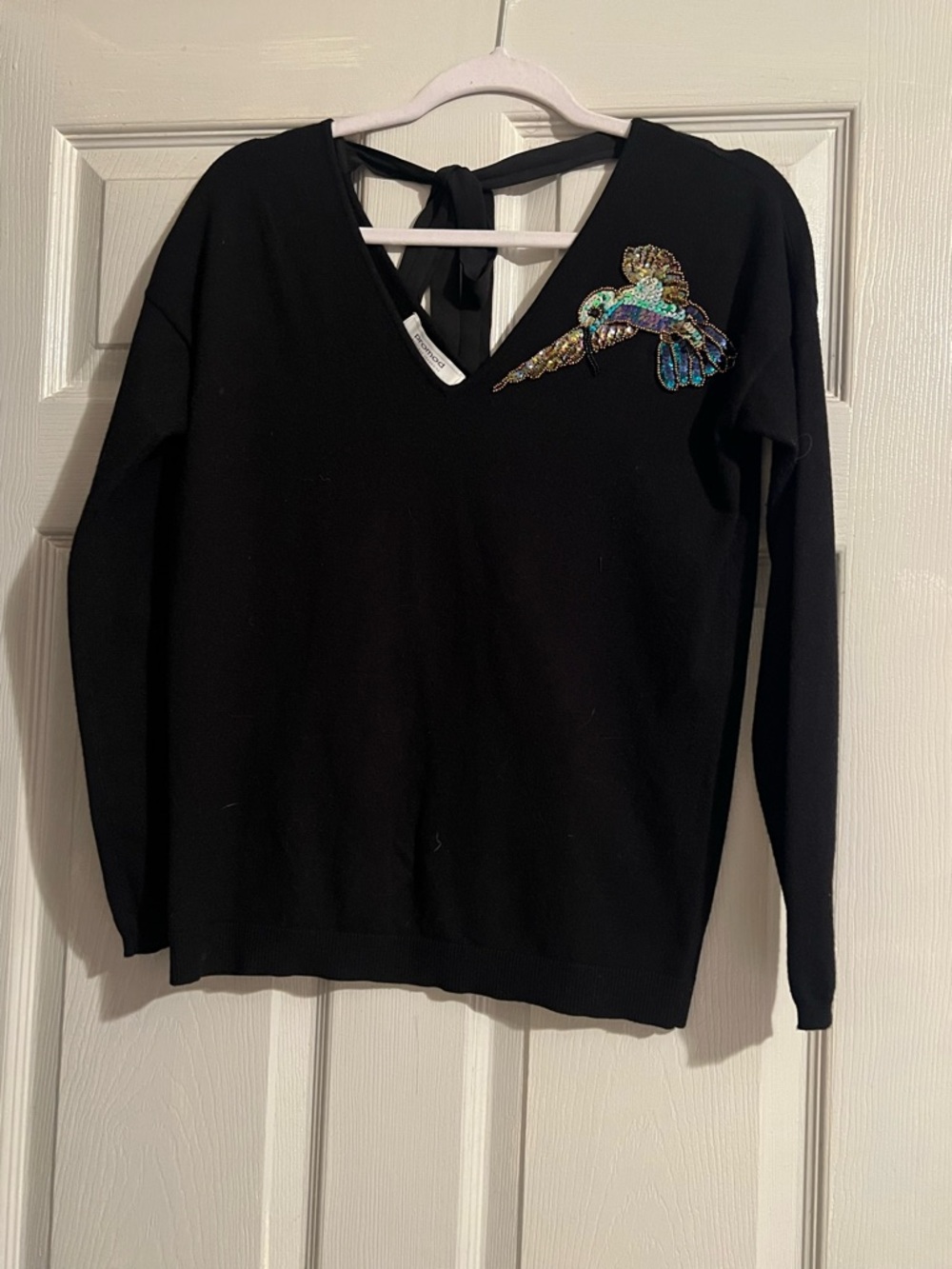 Promod Black V-Neck Sweater with Beaded Bird Embellishment